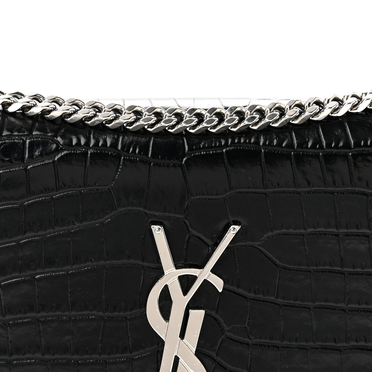 Calfskin Crocodile Embossed Small Classic Monogram Kate Tassel Satchel Black