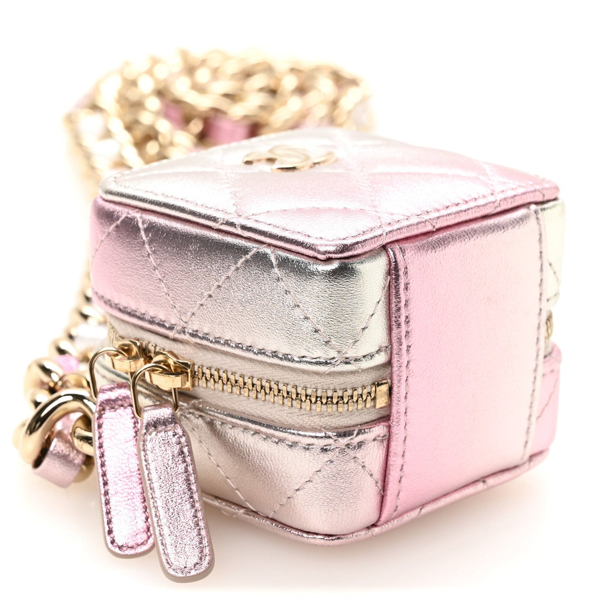 Gradient Metallic Lambskin Quilted Like A Wallet Clutch With Chain Gold Pink