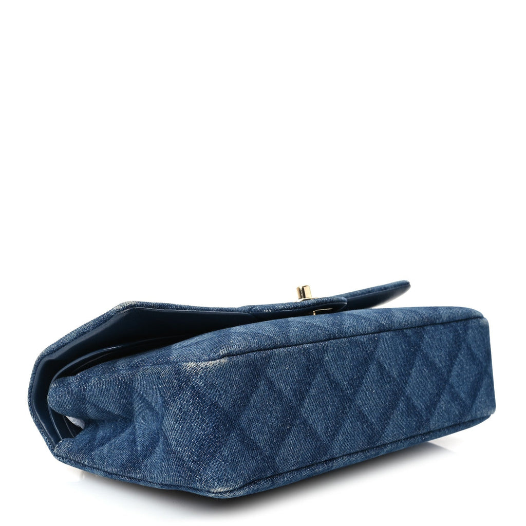Printed Denim Quilted Medium Double Flap Dark Blue