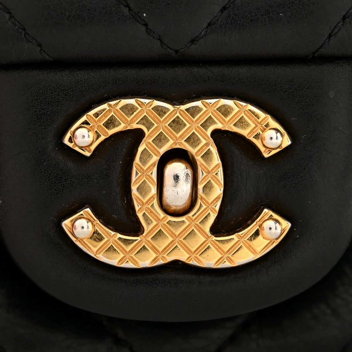 Calfskin Chevron Quilted Mini Rock The Corner Flap Black