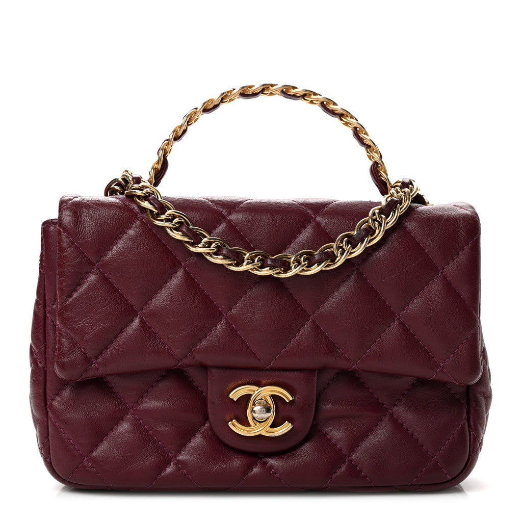 Shiny Lambskin Quilted Golden Links Top Handle Flap Dark Purple