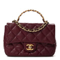 Shiny Lambskin Quilted Golden Links Top Handle Flap Dark Purple