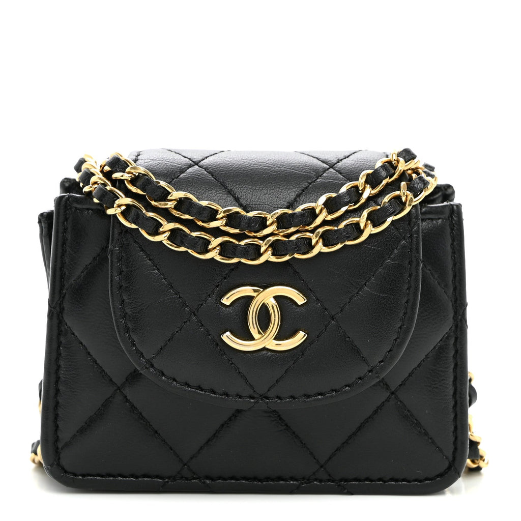 Lambskin Quilted Mini Accordion Clutch With Chain Black