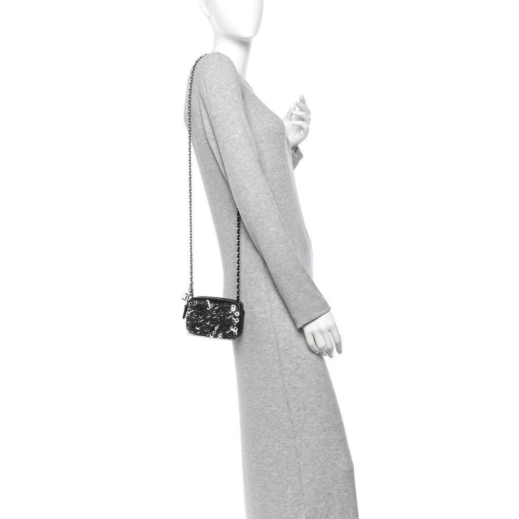 Sequin Lambskin Summer Night Clutch With Chain  Black Silver