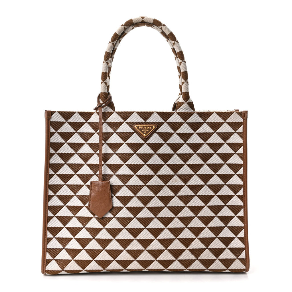 Jacquard Saffiano Triangolo Symbole Embroidered Large Tote Tobacco Talco