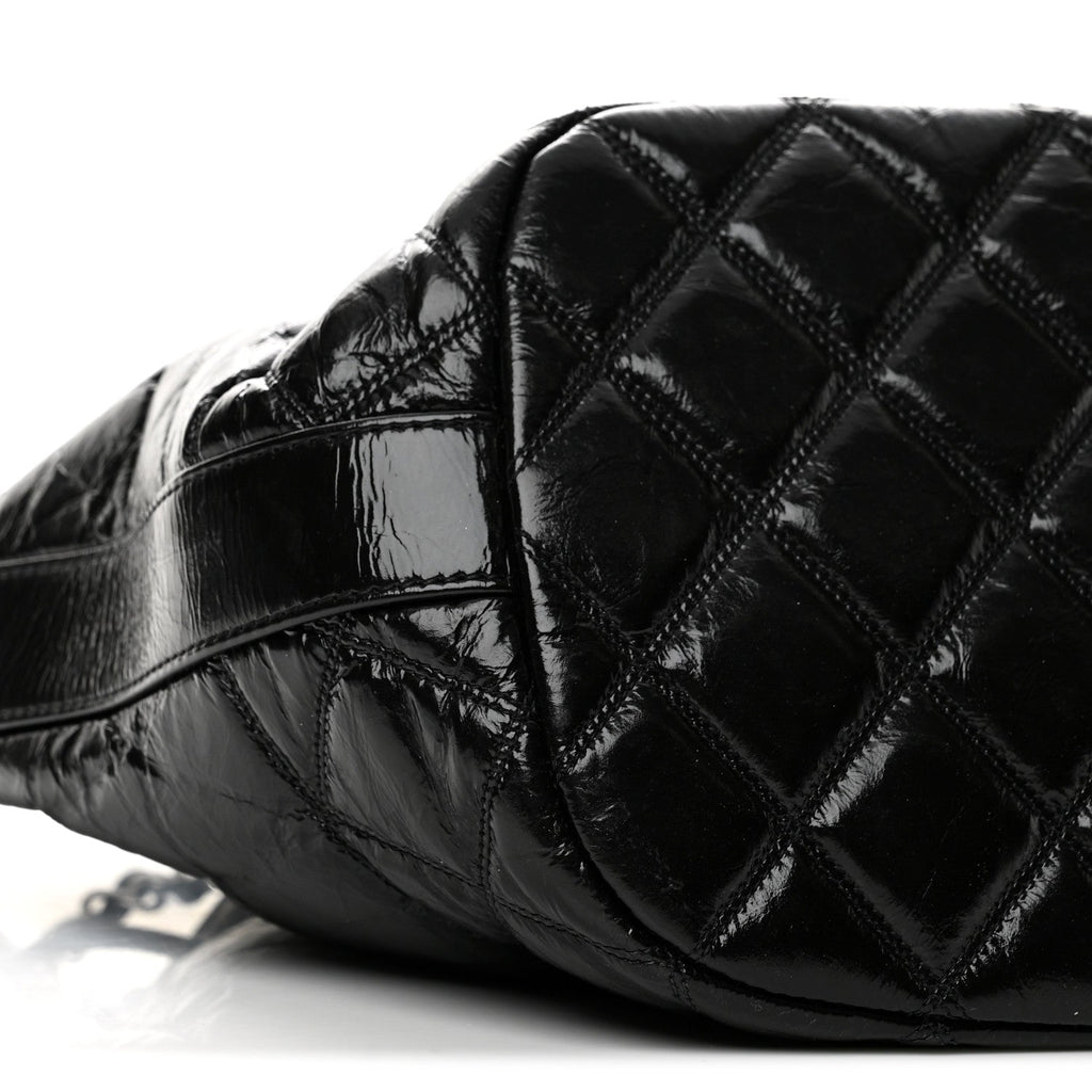 Shiny Aged Calfskin CC Chain Drawstring Bag Black