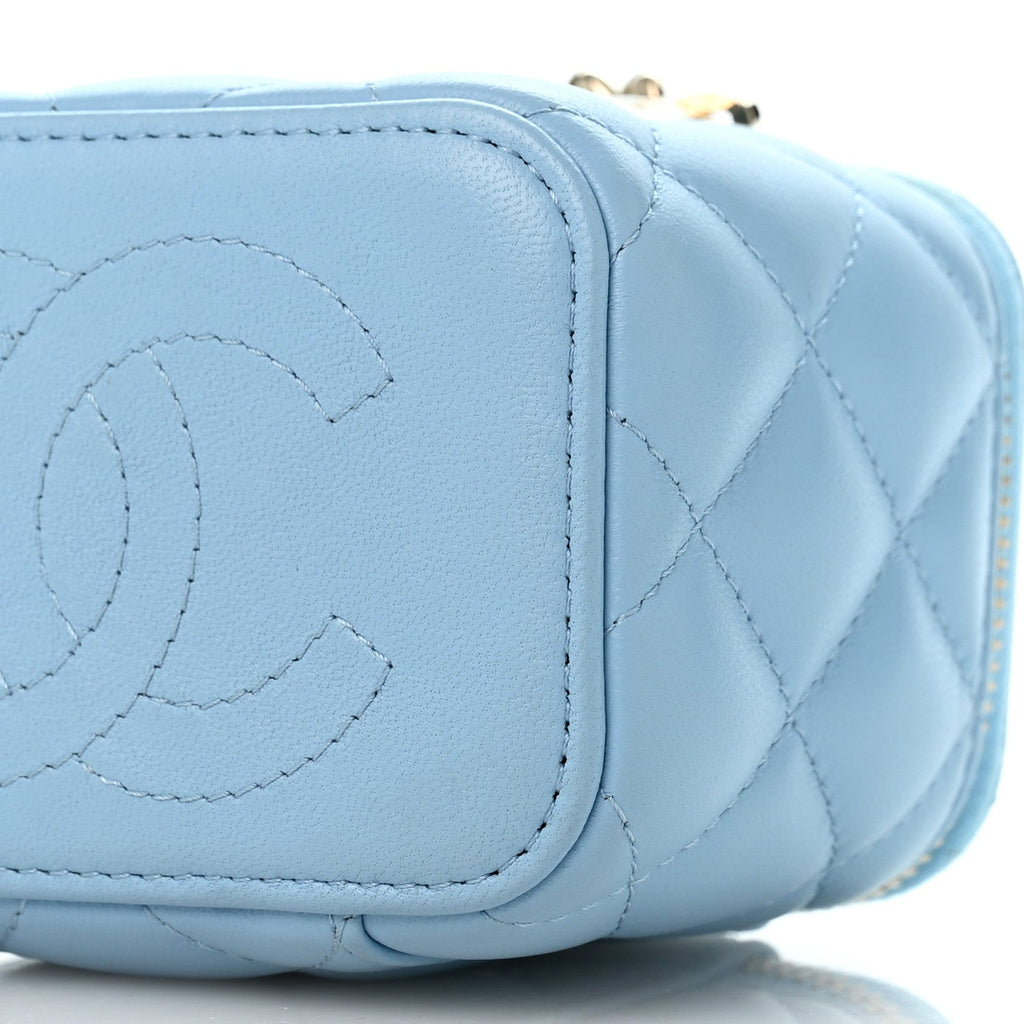 Lambskin Quilted Enamel Coco Mini Vanity Case With Chain Blue
