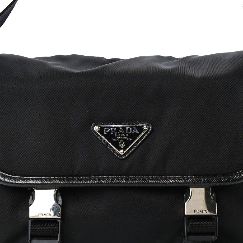 Re-Nylon Saffiano Pocket Double Snap Buckle Shoulder Bag Black