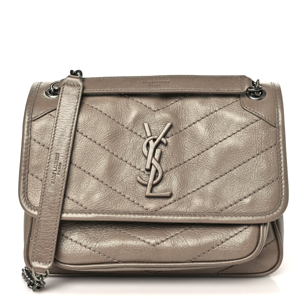 Crinkled Calfskin Matelasse Monogram Baby Niki Chain Satchel Greyish Brown