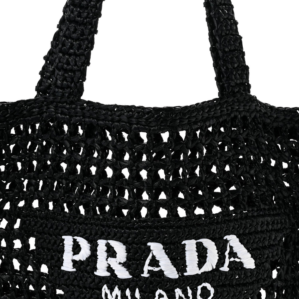 Yarn Raffia Effect Crochet Logo Embroidered Tote Bag Black