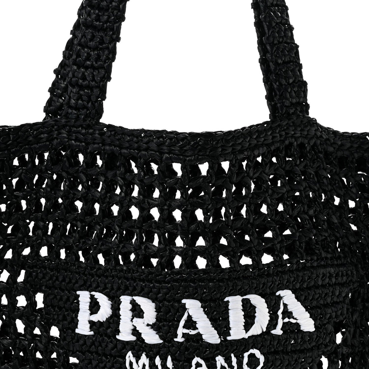Yarn Raffia Effect Crochet Logo Embroidered Tote Bag Black