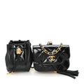 Crumpled Patent Lambskin Quilted Tassel Clutch With Chain Black