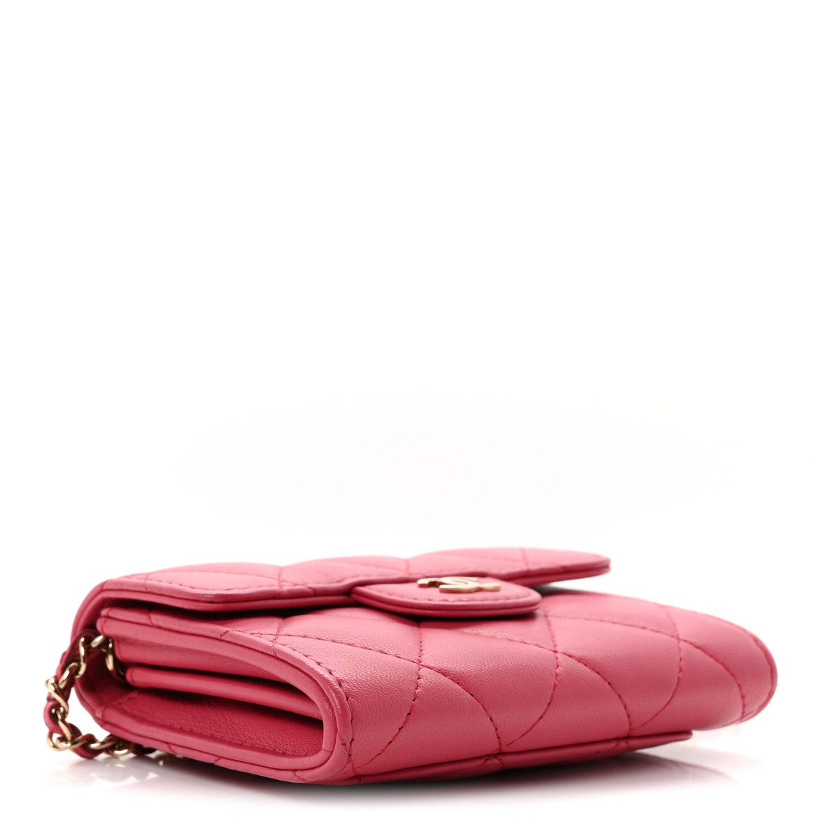 Lambskin Quilted Flap Card Holder On Chain Pink
