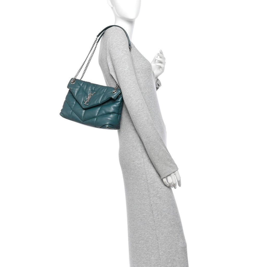 Lambskin Quilted Small Loulou Puffer Monogram Chain Satchel Vert Canard