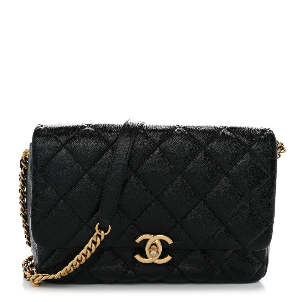Shiny Caviar Quilted Large Chain Melody Flap Black