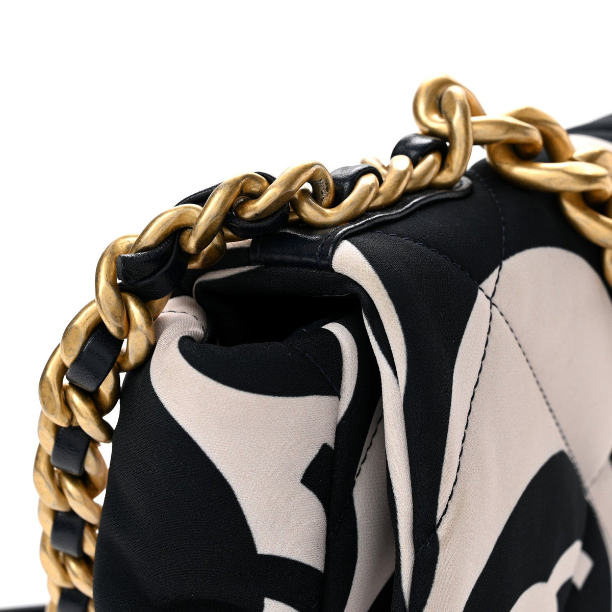 Fabric Printed Large Chanel 19 Flap Black Ecru