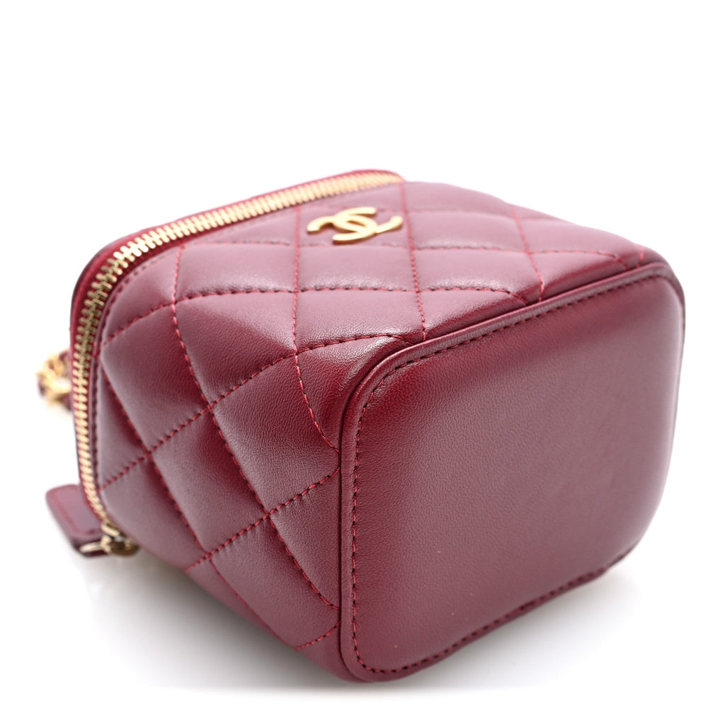 Lambskin Quilted Mini Top Handle Vanity Case With Chain Burgundy