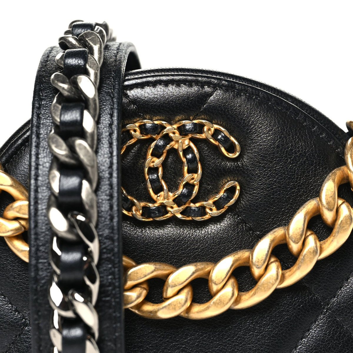 Lambskin Quilted Chanel 19 Round Clutch With Chain Black