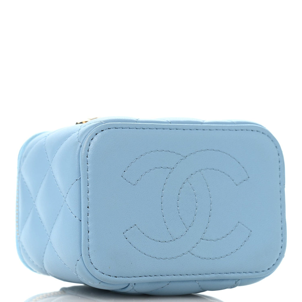 Lambskin Quilted Enamel Coco Mini Vanity Case With Chain Blue