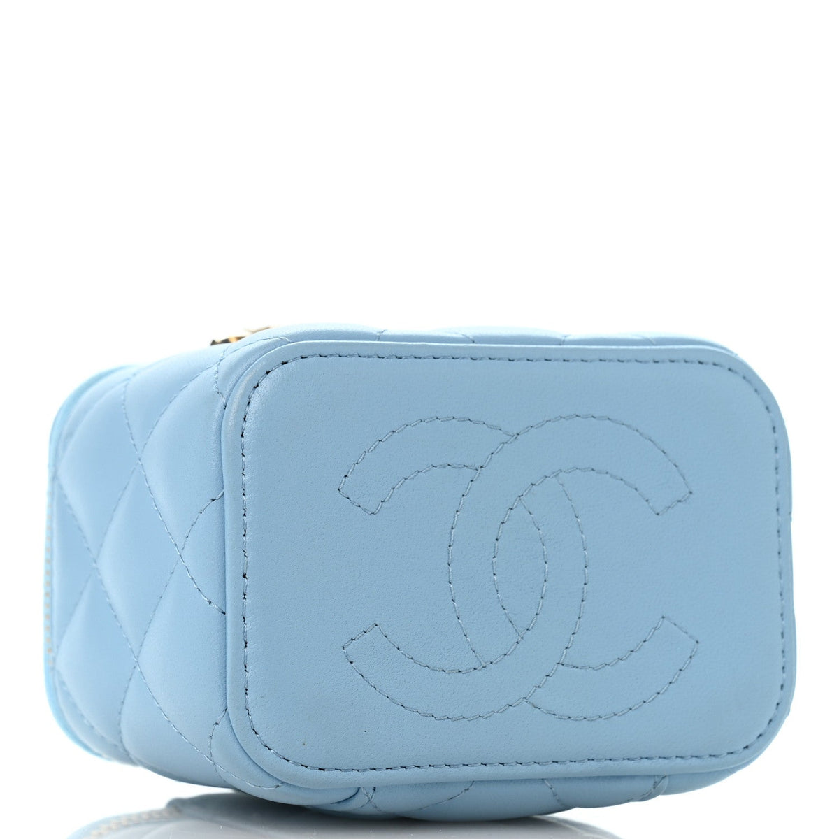 Lambskin Quilted Enamel Coco Mini Vanity Case With Chain Blue