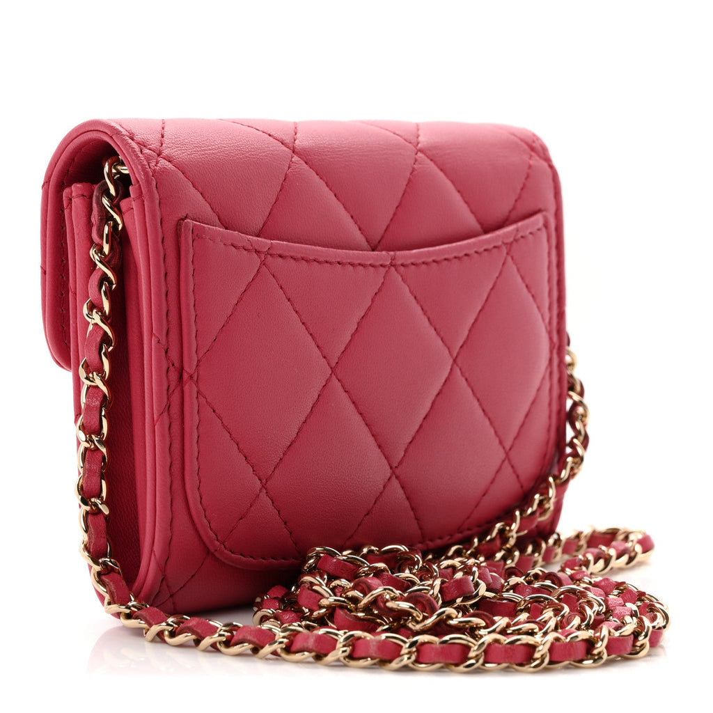 Lambskin Quilted Flap Card Holder On Chain Pink
