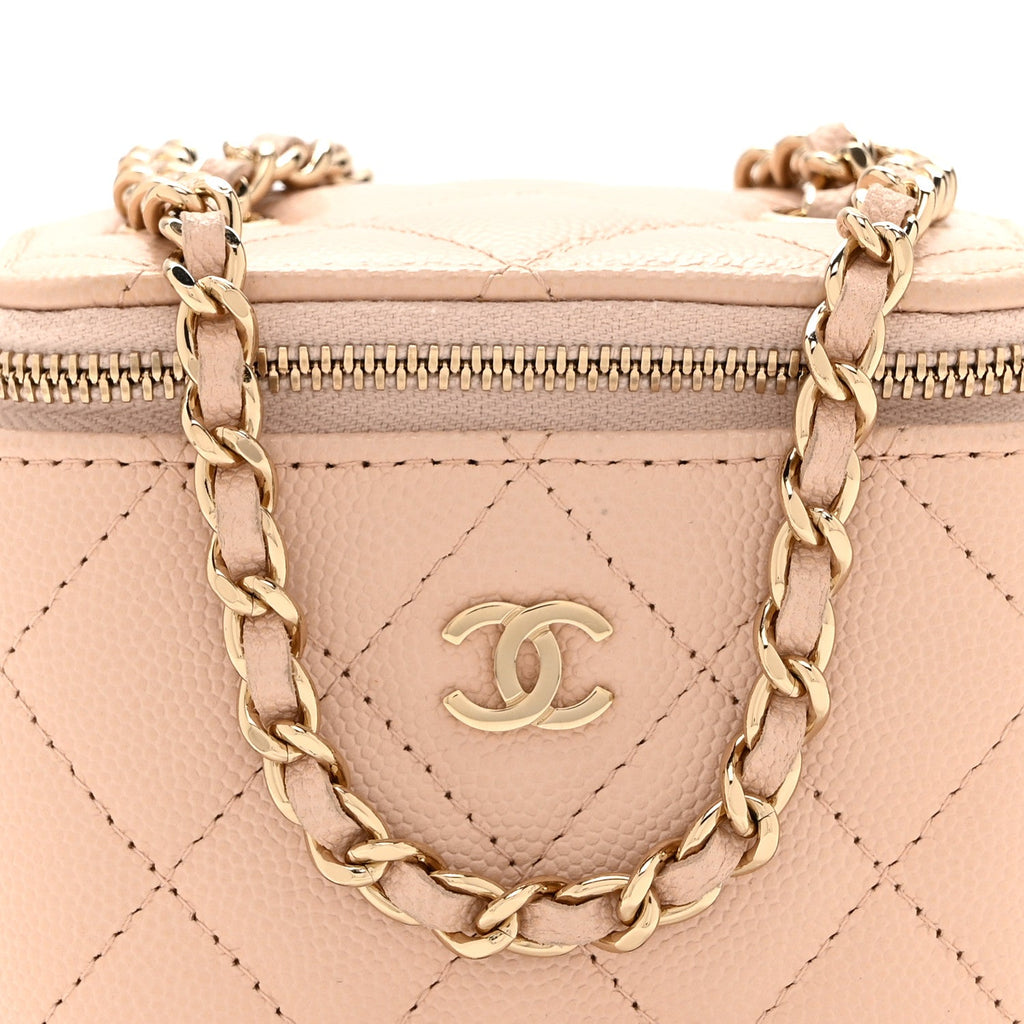 Caviar Quilted Mini Vanity Case With Chain Light Beige