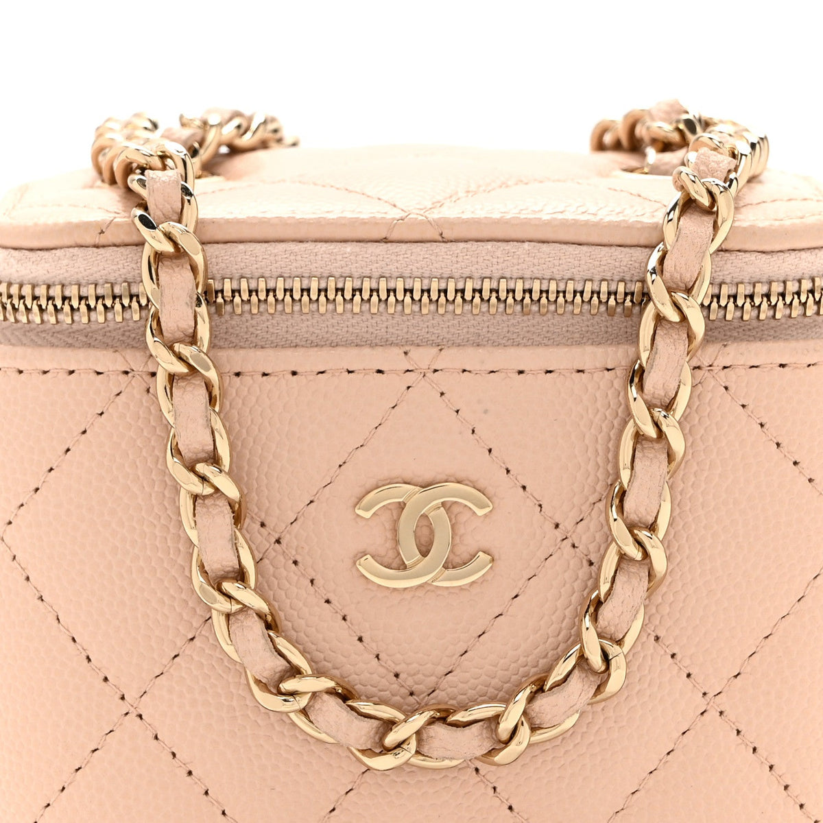 Caviar Quilted Mini Vanity Case With Chain Light Beige
