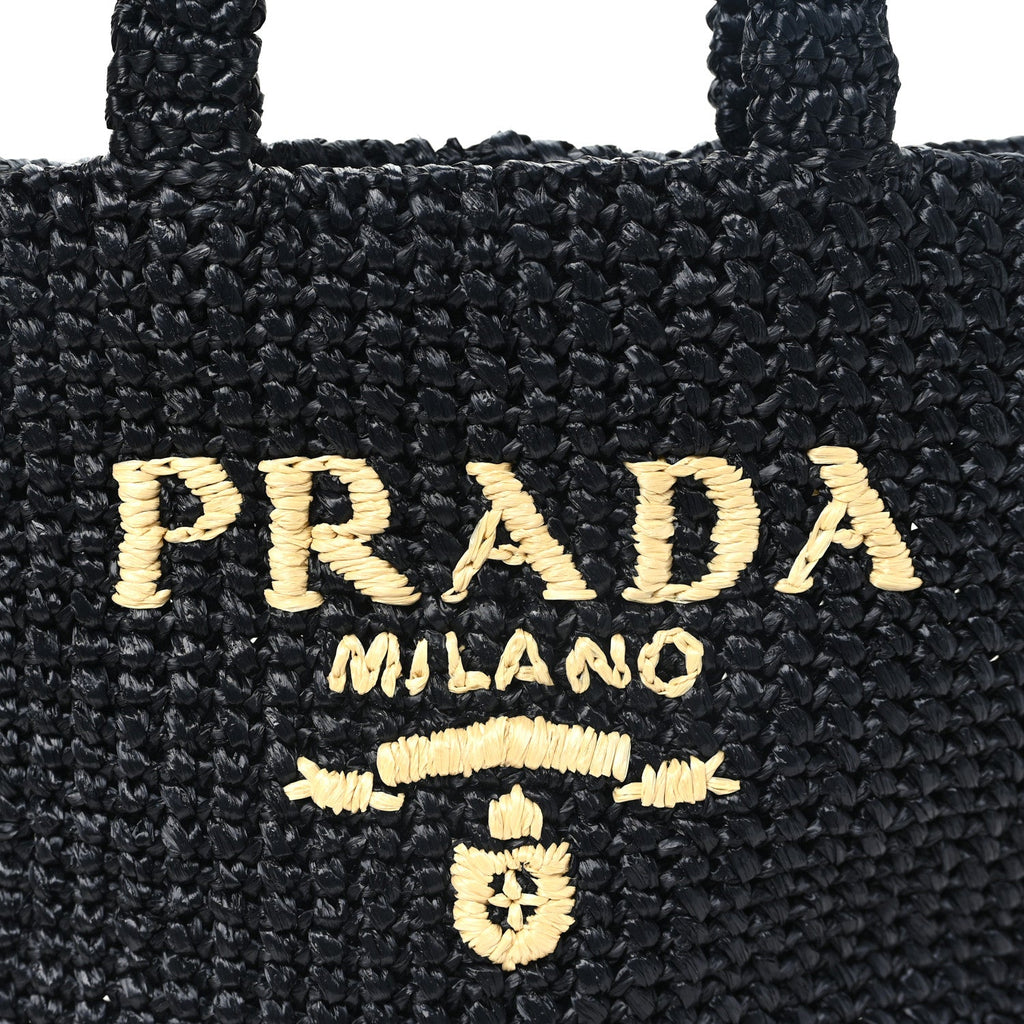 Yarn Raffia Effect Crochet Small Logo Tote Black