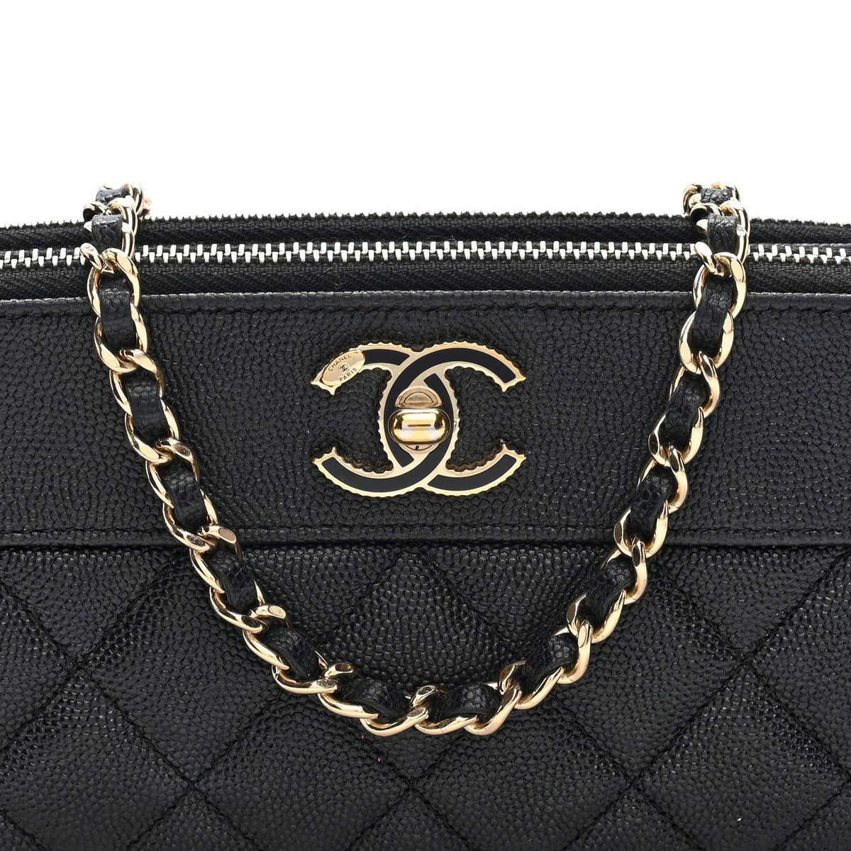 Caviar Quilted Zipped Phone Holder With Chain Black