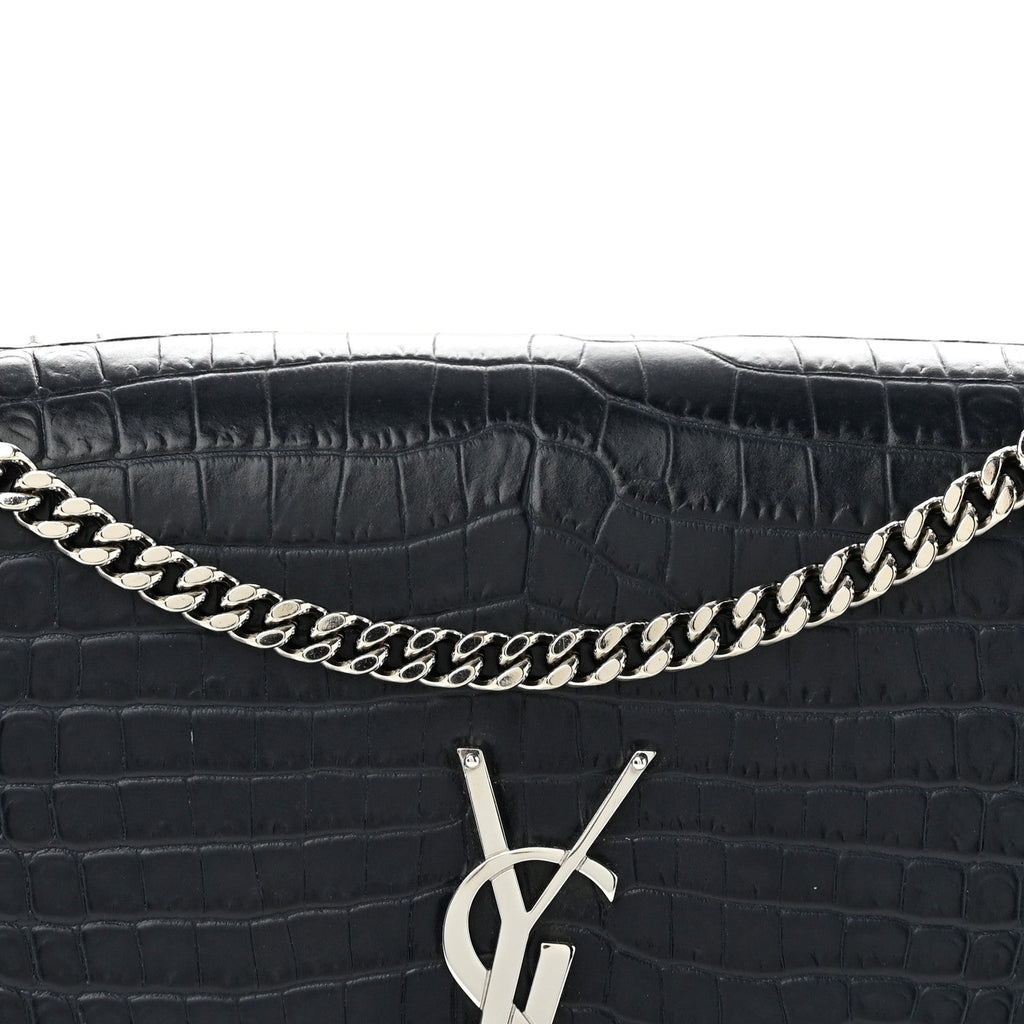 Calfskin Crocodile Embossed Medium Classic Monogram Kate Tassel Satchel Deep Marine