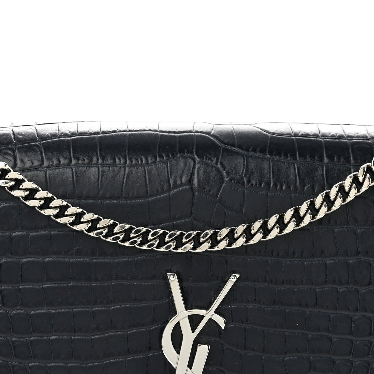 Calfskin Crocodile Embossed Medium Classic Monogram Kate Tassel Satchel Deep Marine