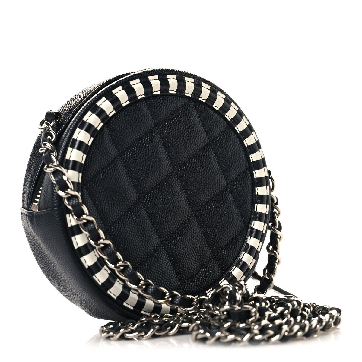 Caviar Quilted Filigree Round Clutch With Chain Black White