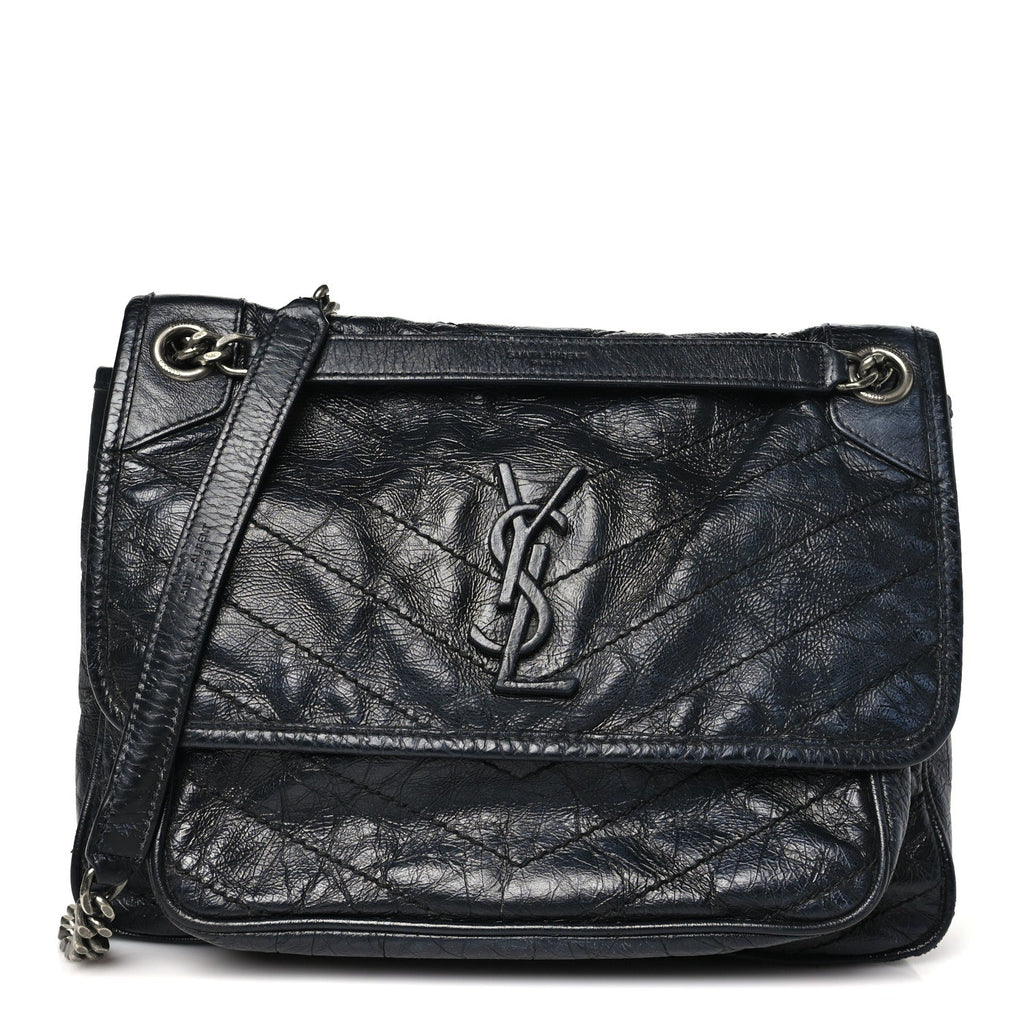 Crinkled Calfskin Matelasse Monogram Medium Niki Chain Satchel Storm