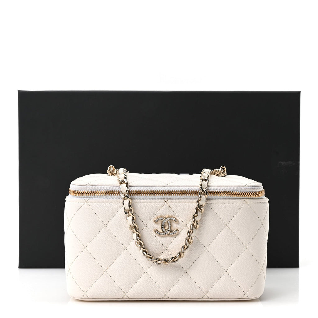 Caviar Quilted Crystal CC Logo Vanity Case With Chain White