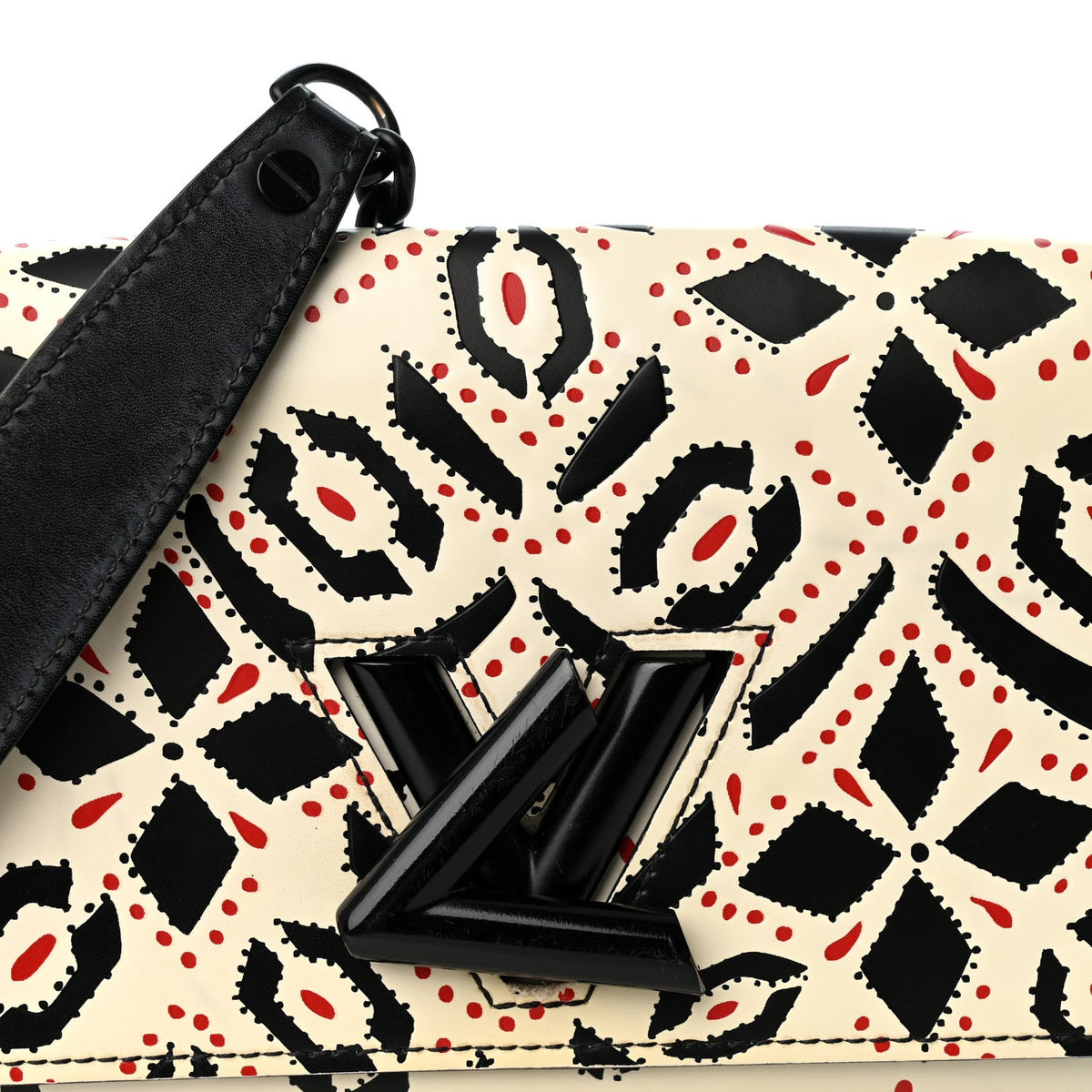 Calfskin Graphic Print Twist Chain Wallet White Black White Black