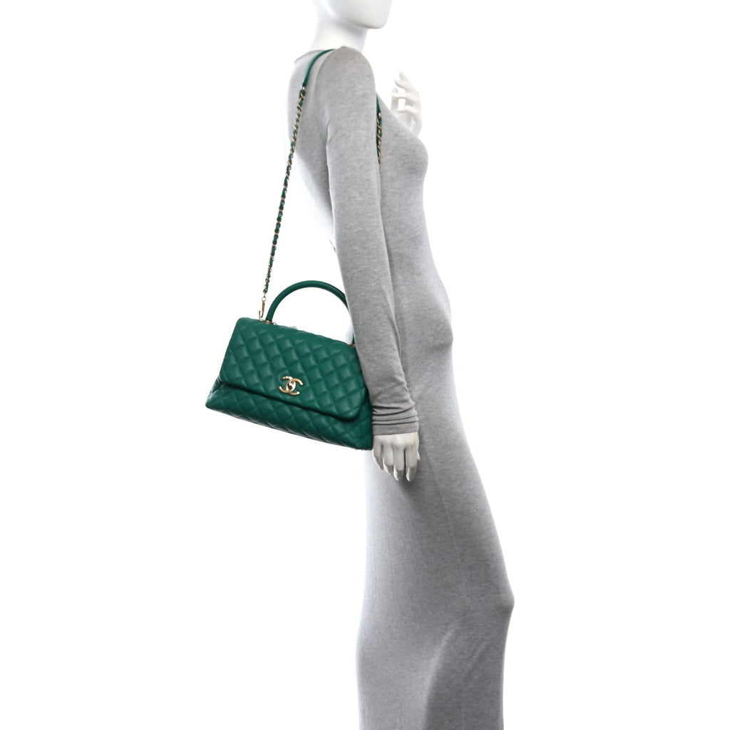 Caviar Quilted Small Coco Handle Flap Green