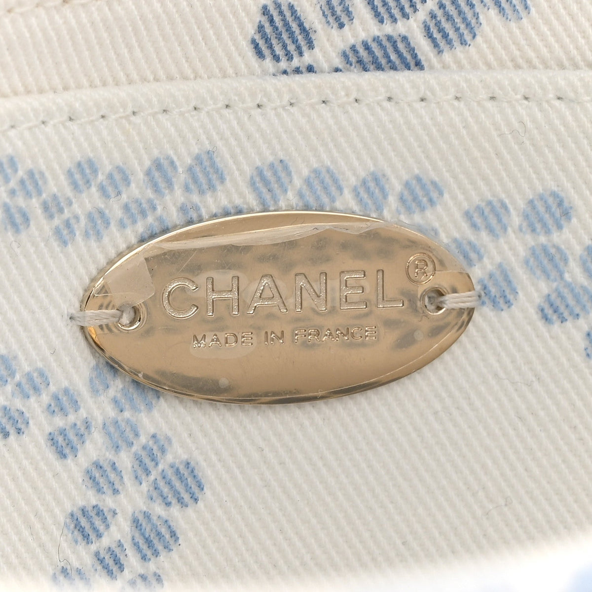 Printed Denim Coco Beach Quilted Small Single Flap Light Blue White