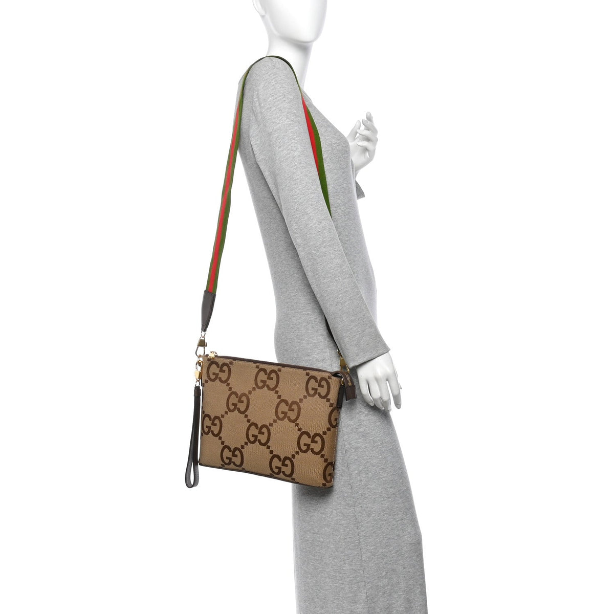 Monogram Jumbo GG Textured Dollar Calfskin Web Wristlet Messenger Bag Camel Ebony New Acero