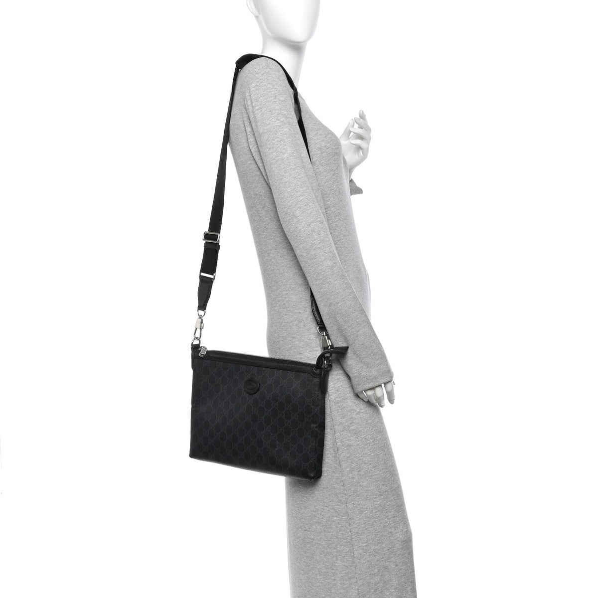 GG Supreme Monogram Azalea Calfskin Retro Interlocking G Wristlet Messenger Bag Black
