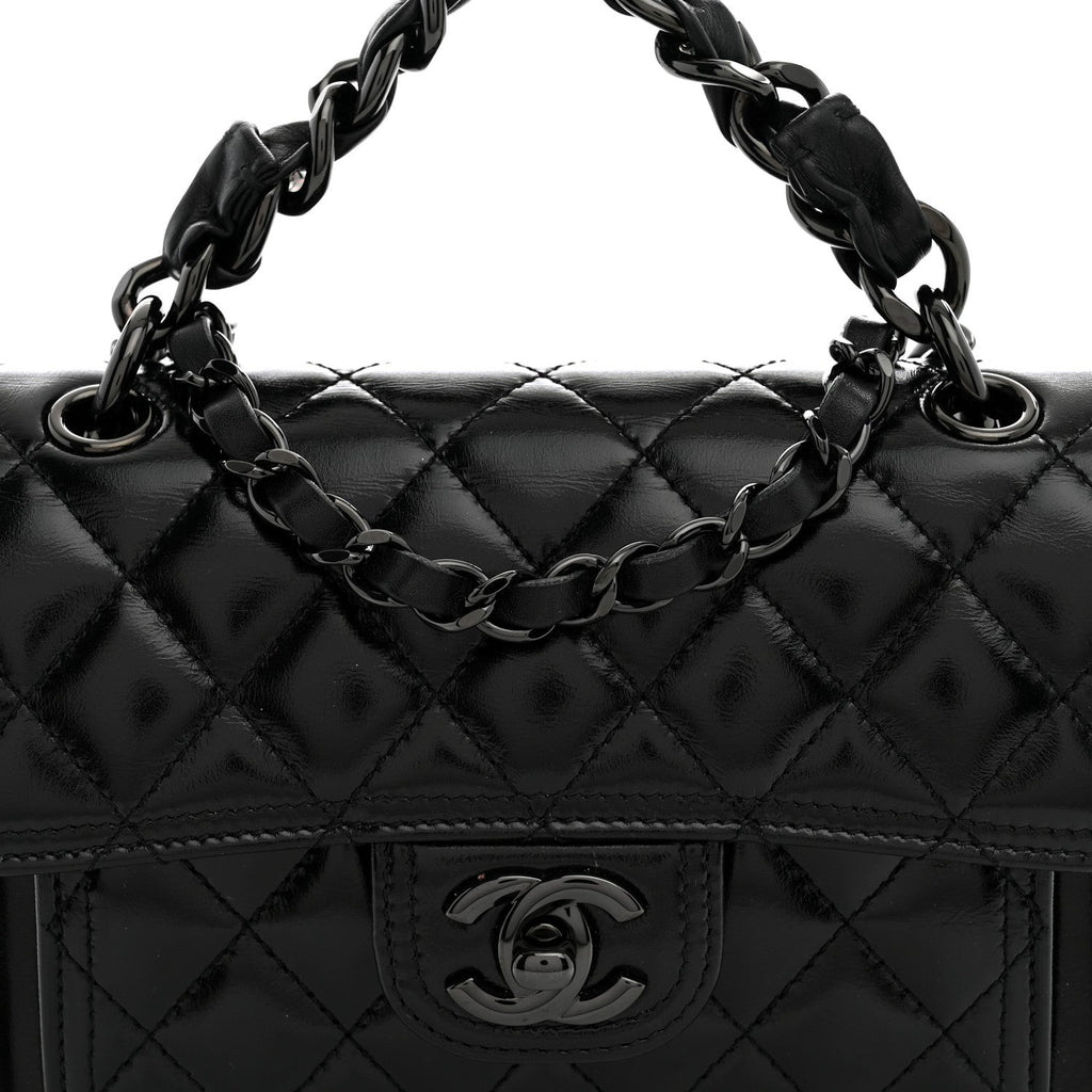 Shiny Crumpled Calfskin Quilted Double You Mini Flap So Black