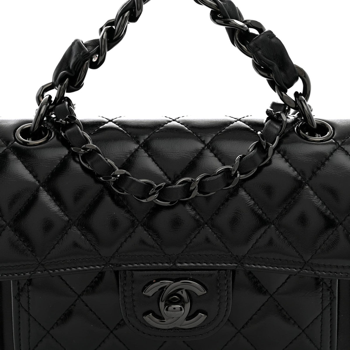 Shiny Crumpled Calfskin Quilted Double You Mini Flap So Black