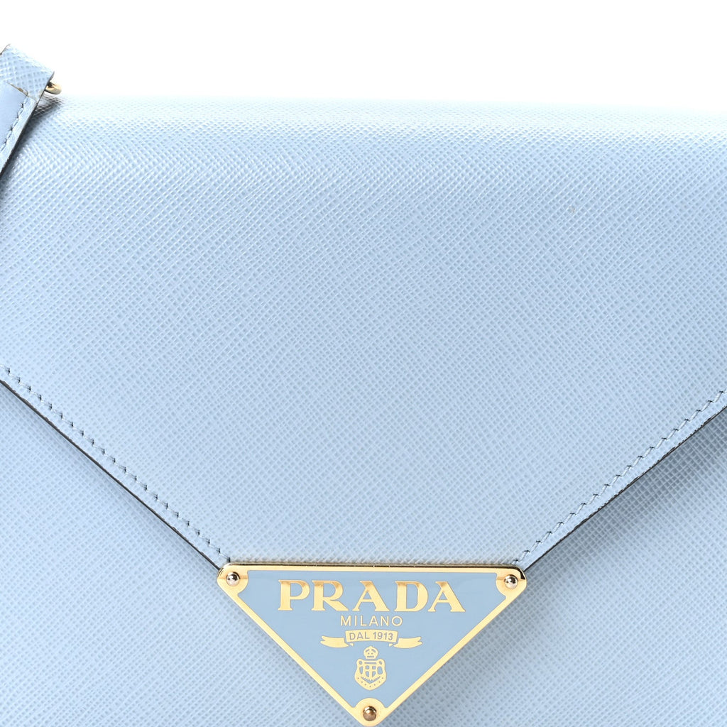 Saffiano Lux Metal Triangle Logo Mini Envelope Chain Shoulder Bag Blue