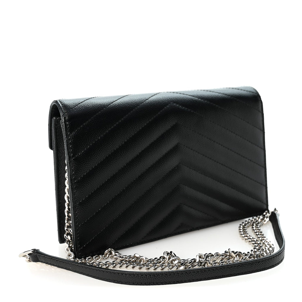 Grain De Poudre Matelasse Chevron Monogram Envelope Chain Wallet Black