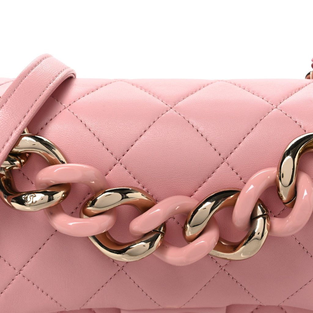 Lambskin Quilted Resin Bi-Color Chain Flap Bag Pink