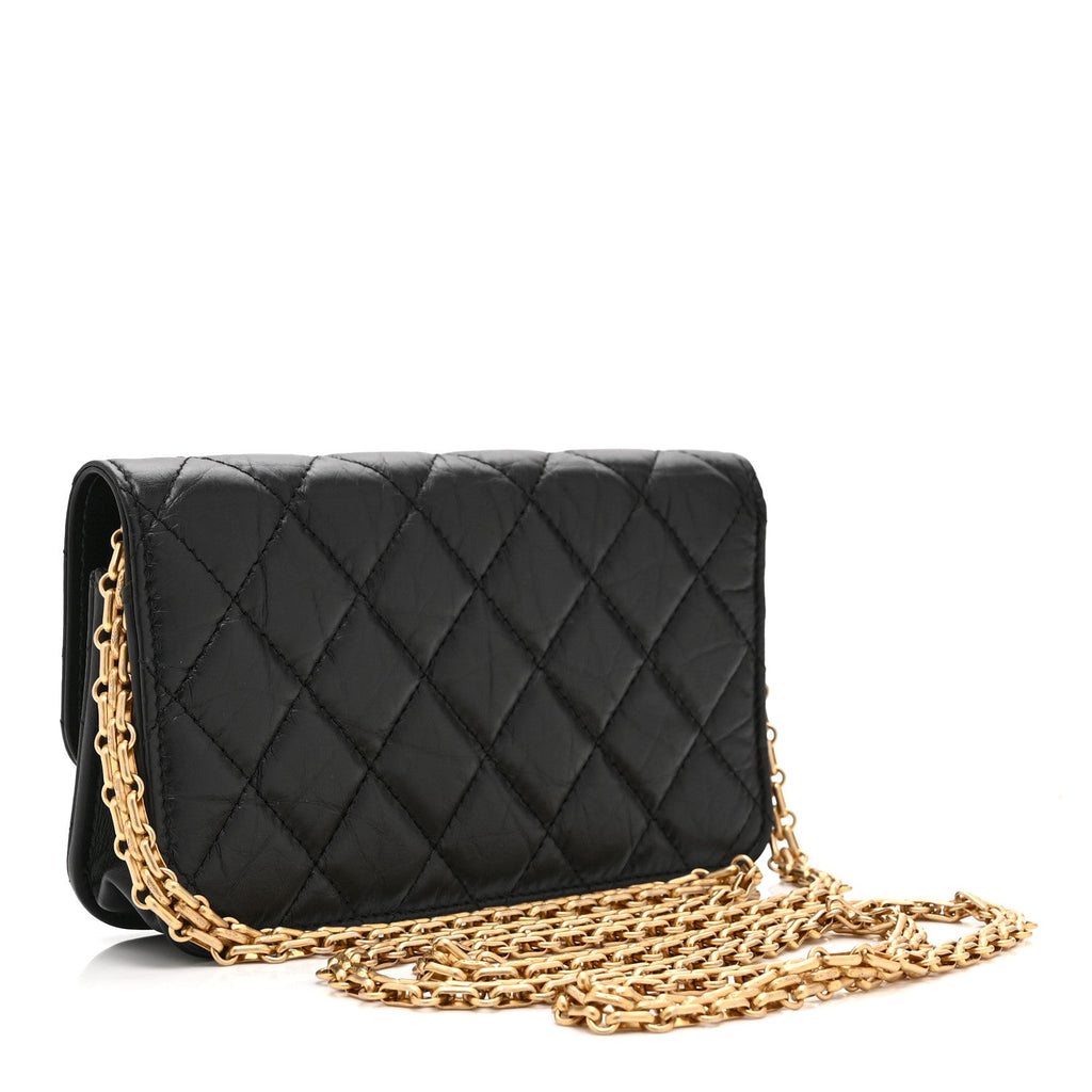 Aged Calfskin Quilted Reissue Flap Phone Holder With Chain Black
