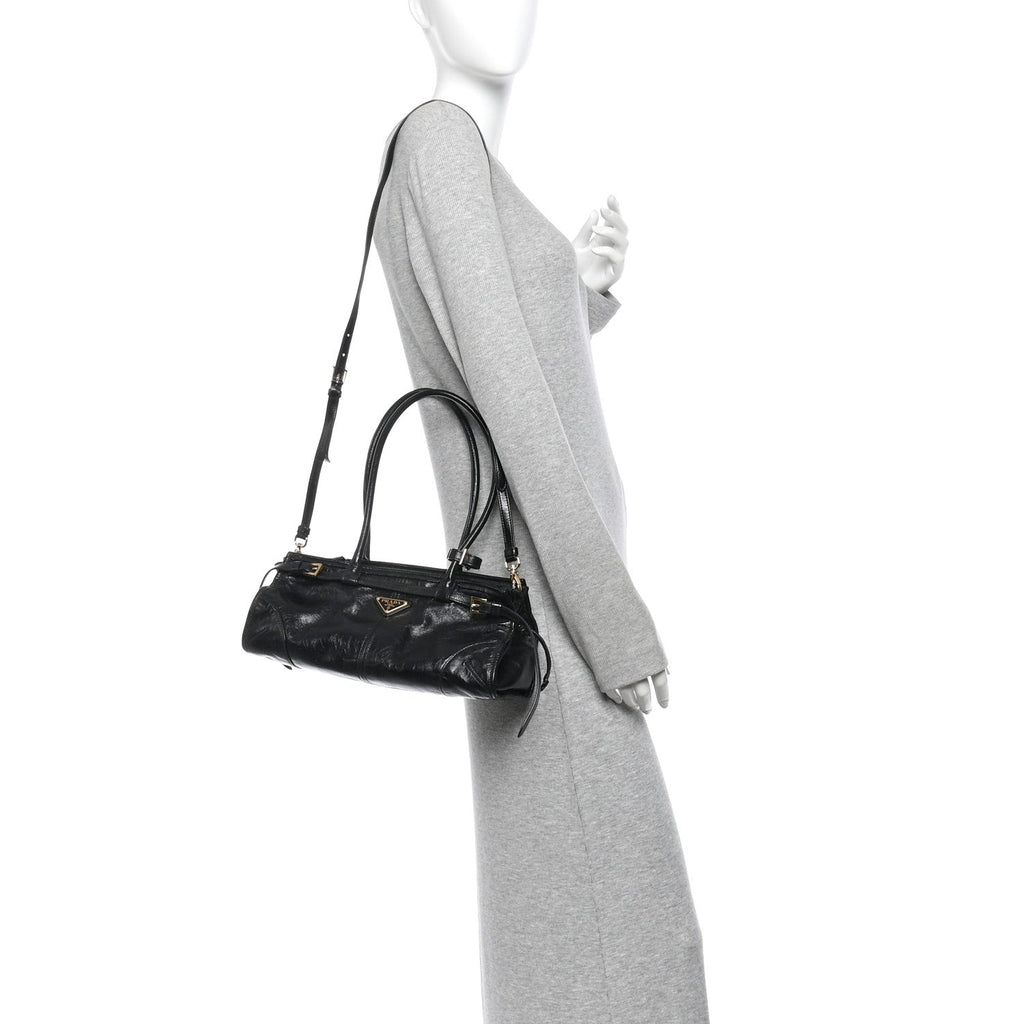 Glossy Calfskin Triangle Medium Bonnie Shoulder Bag Black