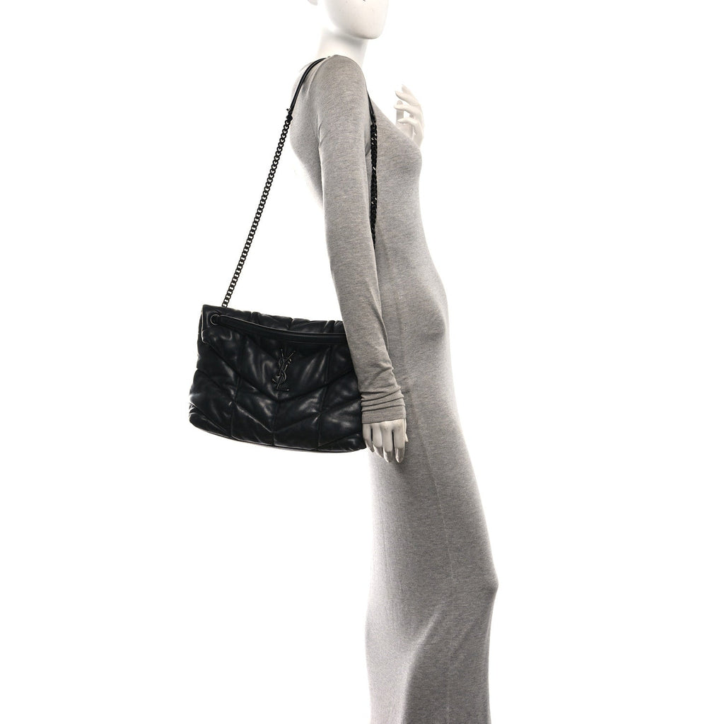 Lambskin Quilted Monogram Monochrome Medium Loulou Puffer Chain Satchel Black