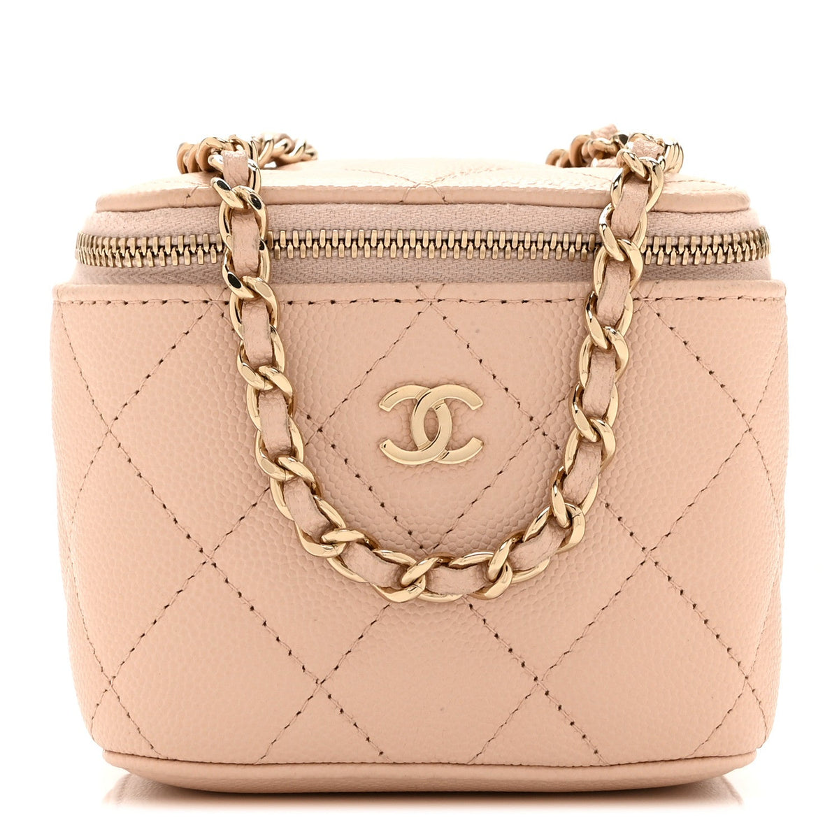 Caviar Quilted Mini Vanity Case With Chain Light Beige
