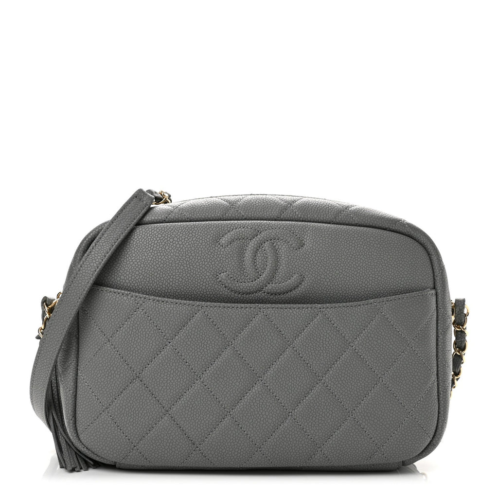 Iridescent Caviar Flat Quilted Small Coco Tassel Camera Case Grey