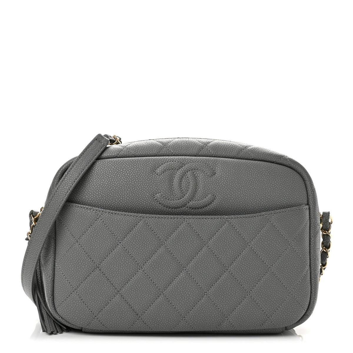 Iridescent Caviar Flat Quilted Small Coco Tassel Camera Case Grey